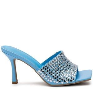 Azalea Wang Turquoise & Metallic Silver Rhinestone Embellished Mule Heel